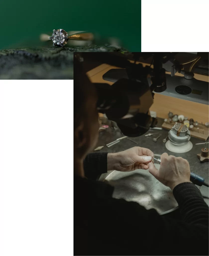 Naprawa i serwis biżuterii KD Jubiler Mińsk Mazowiecki oraz zdjęcie złotego pierścionka z diamentem na zielonym tle